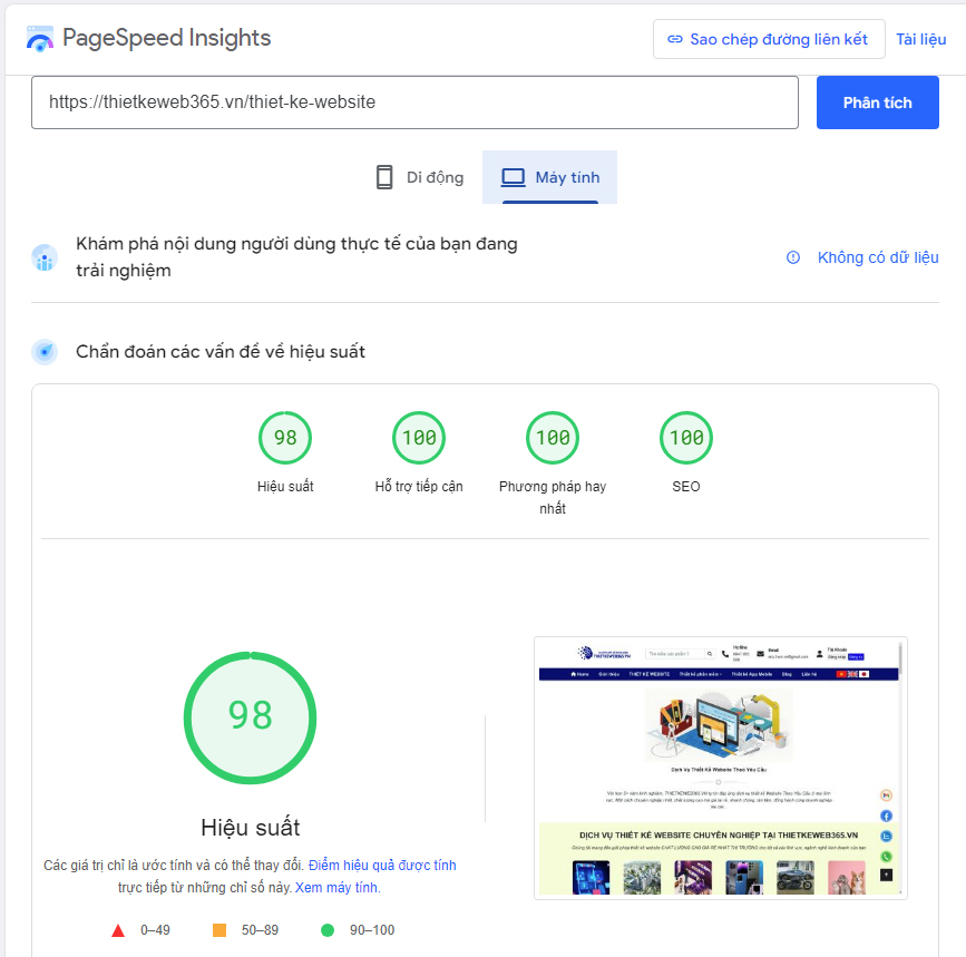 dịch vụ PageSpeed Insights ĐIỂM CAO của thiết kế web 365 vn